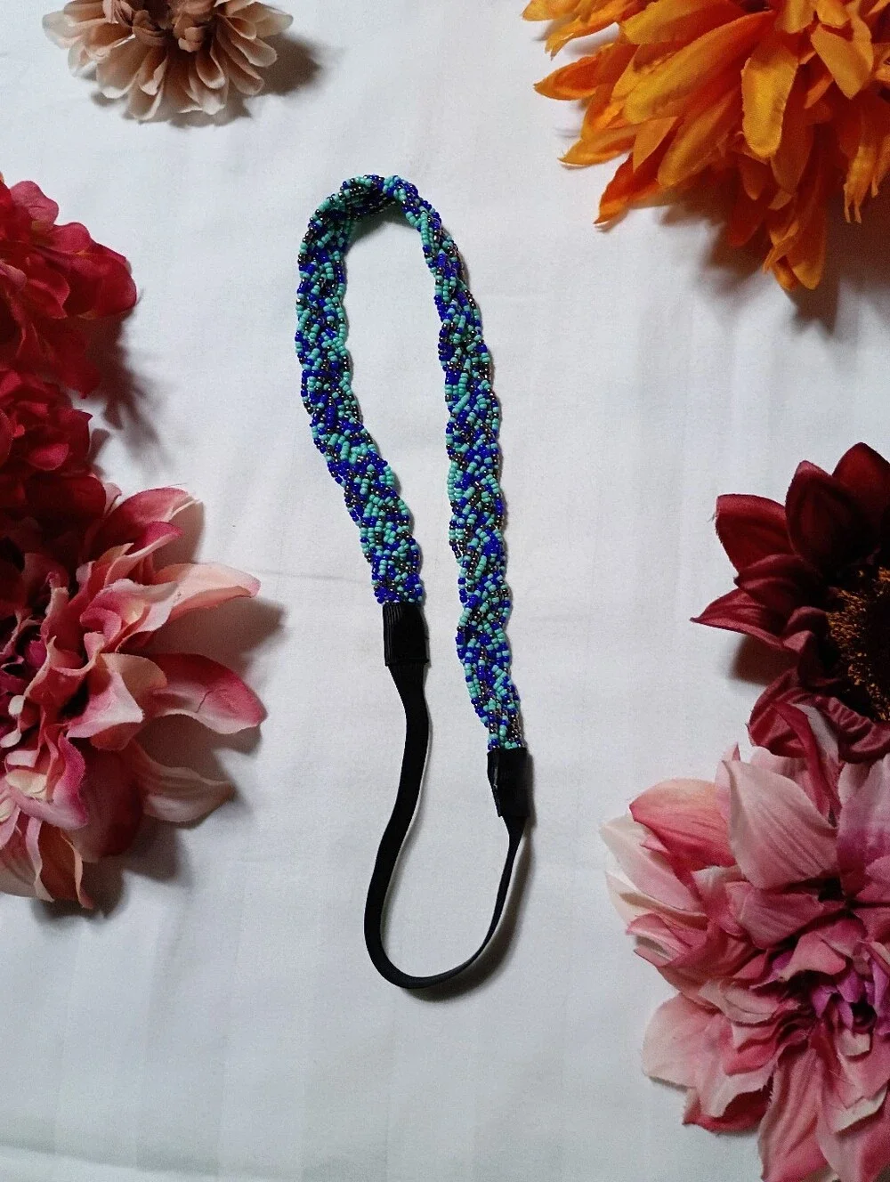 Braided Beaded Headband in Blue and Teal